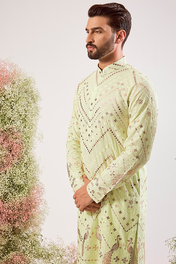 Pastel Green Georgette Patch Work Kurta by Kasbah Clothing at Pernia's Pop Up Shop