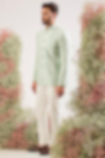 Aqua Silk Zari Work Wedding Bandhgala by Kasbah Clothing at Pernia's Pop Up Shop