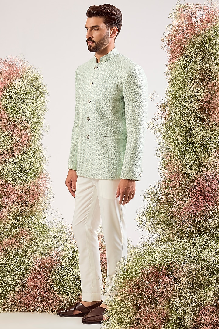 Aqua Silk Zari Work Wedding Bandhgala by Kasbah Clothing at Pernia's Pop Up Shop