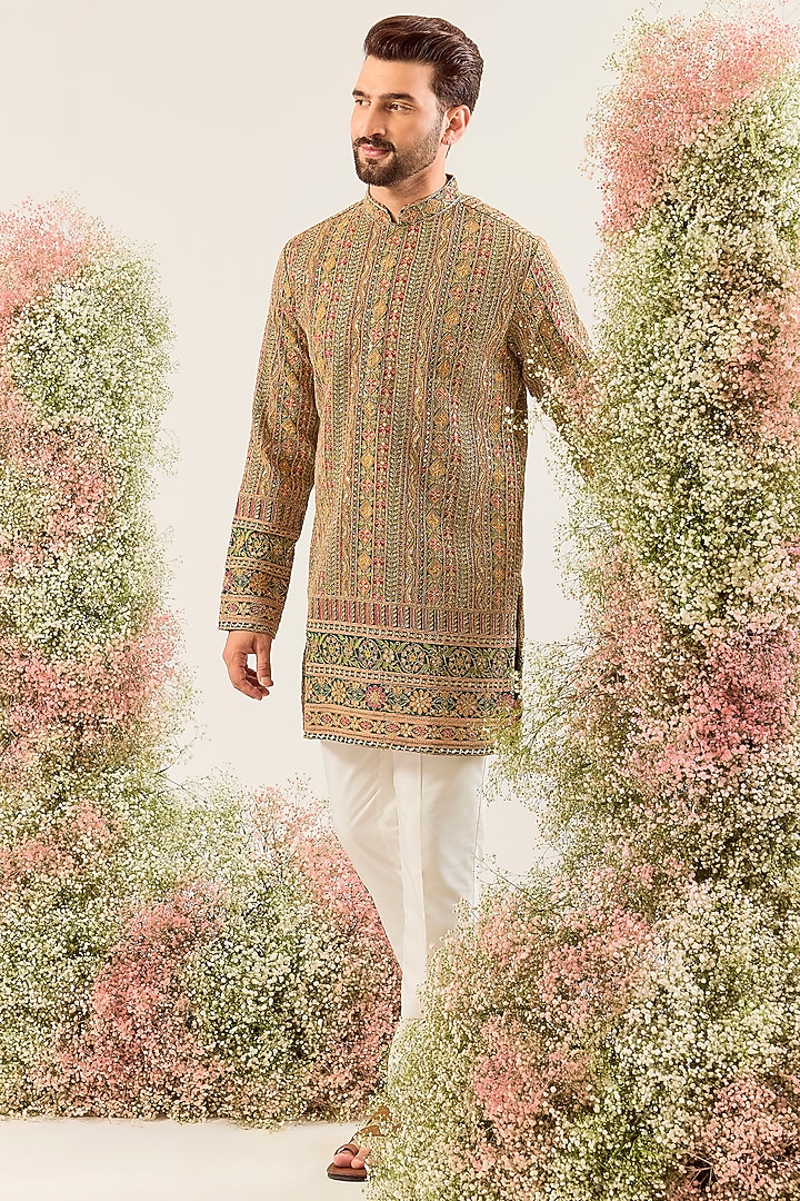 Bottle Green Georgette Zari Embroidered Kurta by Kasbah Clothing at Pernia's Pop Up Shop