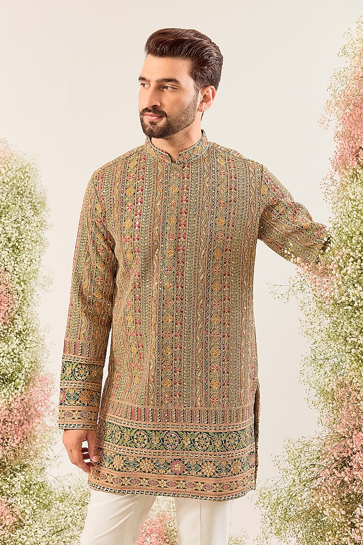 Bottle Green Georgette Zari Embroidered Kurta by Kasbah Clothing at Pernia's Pop Up Shop