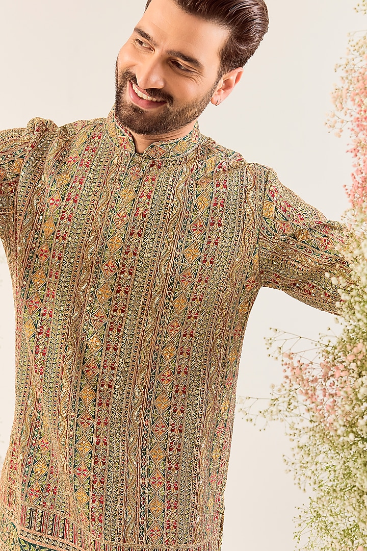 Bottle Green Georgette Zari Embroidered Kurta by Kasbah Clothing at Pernia's Pop Up Shop
