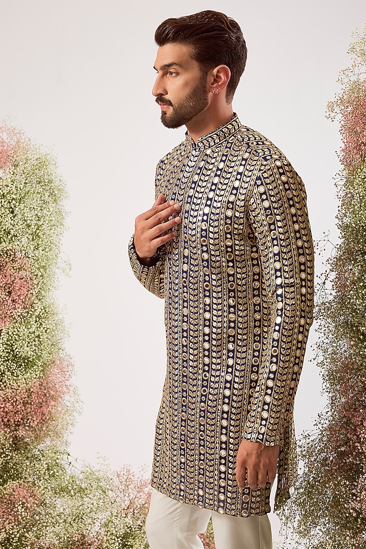 Navy Blue Georgette Mirror Work Kurta by Kasbah Clothing at Pernia's Pop Up Shop