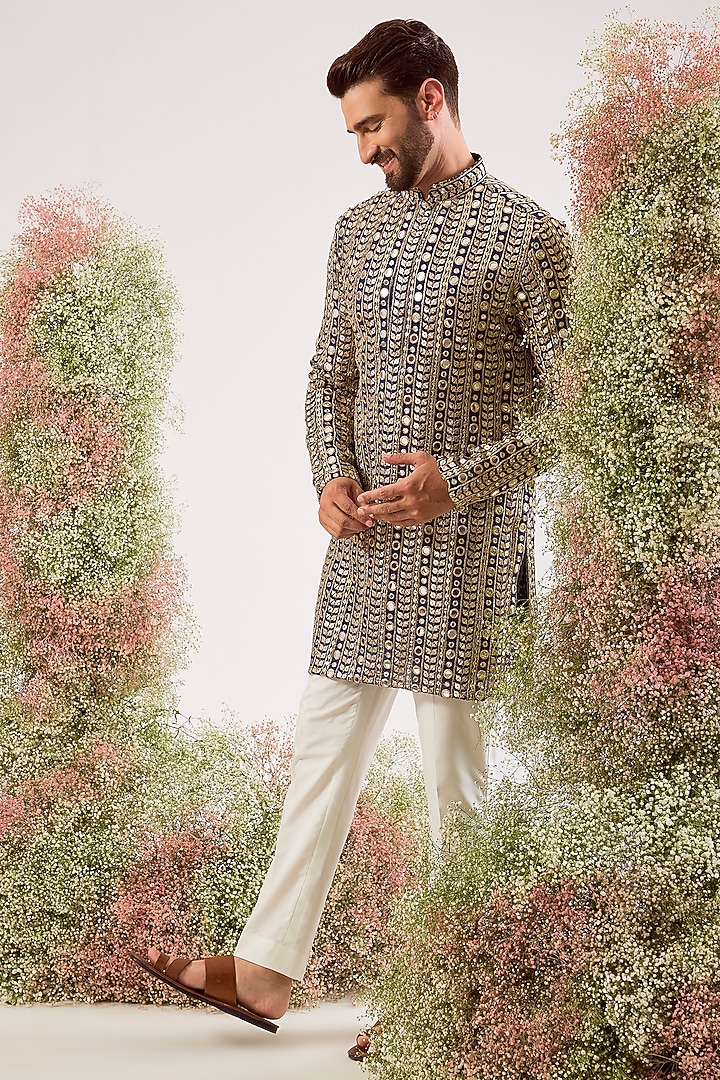 Navy Blue Georgette Mirror Work Kurta by Kasbah Clothing at Pernia's Pop Up Shop