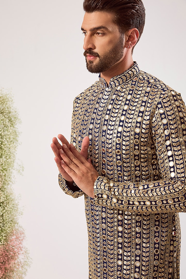 Navy Blue Georgette Mirror Work Kurta by Kasbah Clothing at Pernia's Pop Up Shop