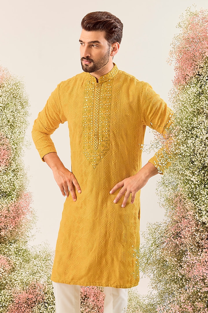 Mustard Silk Chikankari Embroidered Kurta by Kasbah Clothing at Pernia's Pop Up Shop