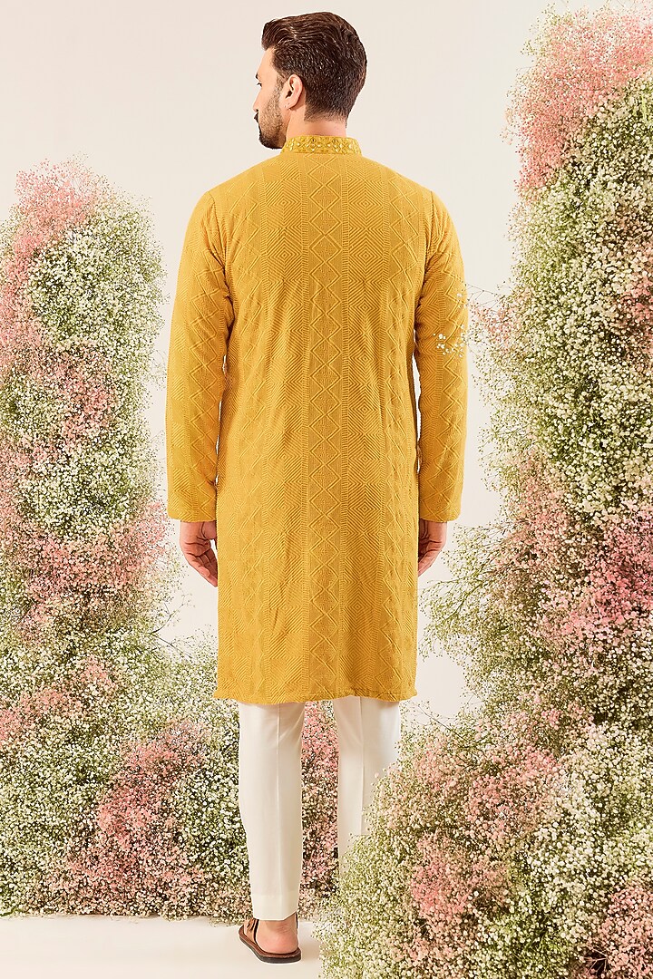 Mustard Silk Chikankari Embroidered Kurta by Kasbah Clothing at Pernia's Pop Up Shop