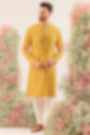 Mustard Silk Chikankari Embroidered Kurta by Kasbah Clothing at Pernia's Pop Up Shop