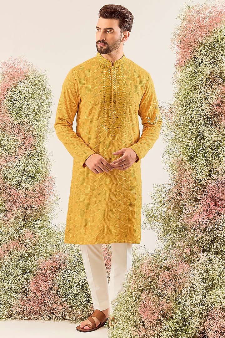 Mustard Silk Chikankari Embroidered Kurta by Kasbah Clothing at Pernia's Pop Up Shop