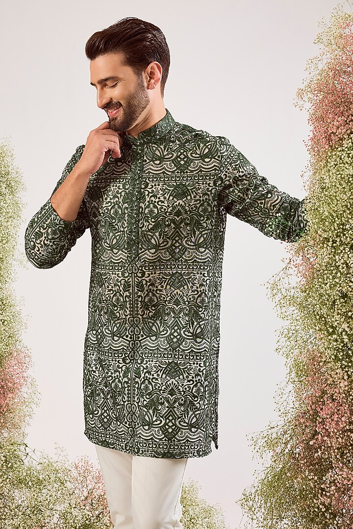 Emerald Green Georgette Chikankari Work Short Kurta by Kasbah Clothing at Pernia's Pop Up Shop