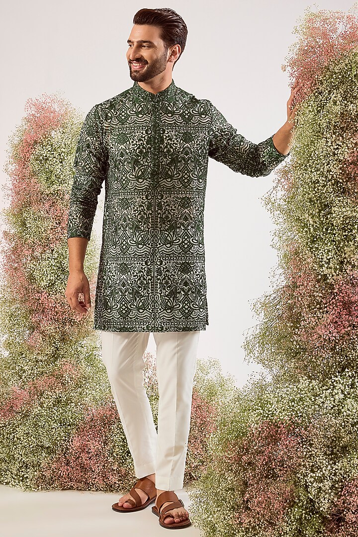 Emerald Green Georgette Chikankari Work Short Kurta by Kasbah Clothing at Pernia's Pop Up Shop