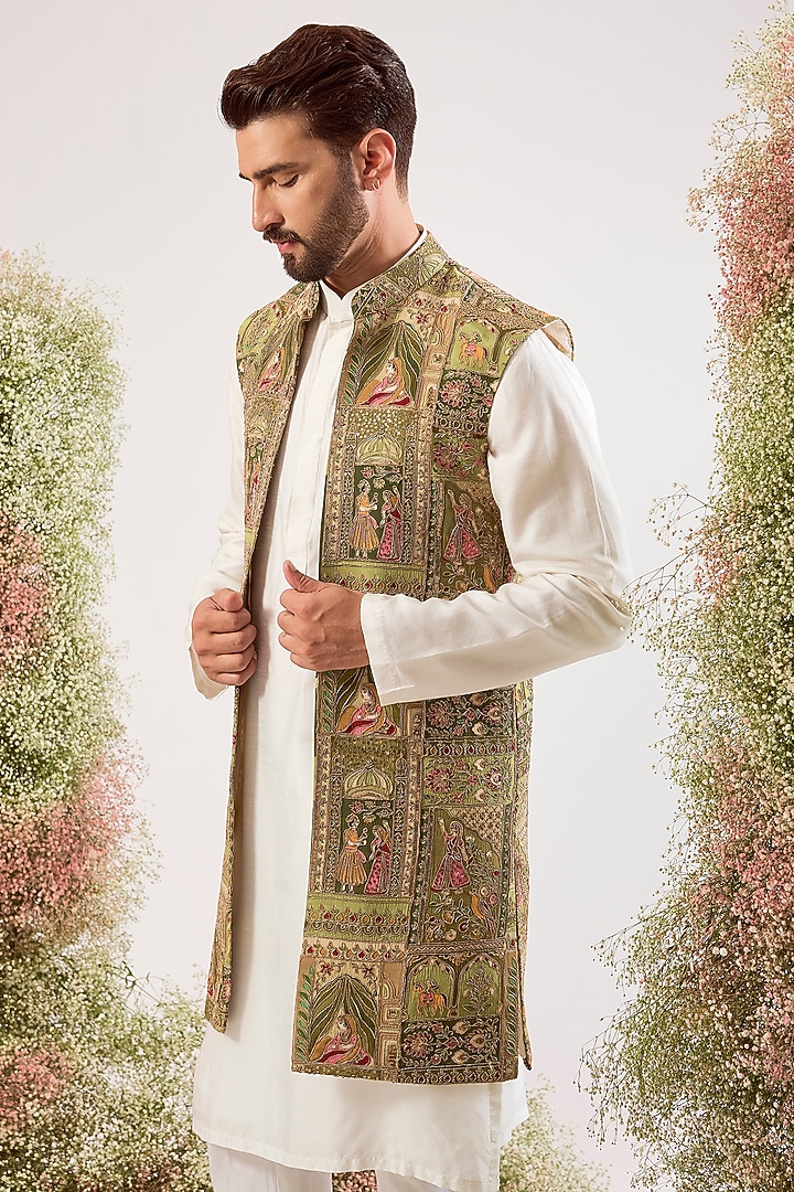 Green Georgette Zari Hand Embroidered Long Jacket by Kasbah Clothing at Pernia's Pop Up Shop