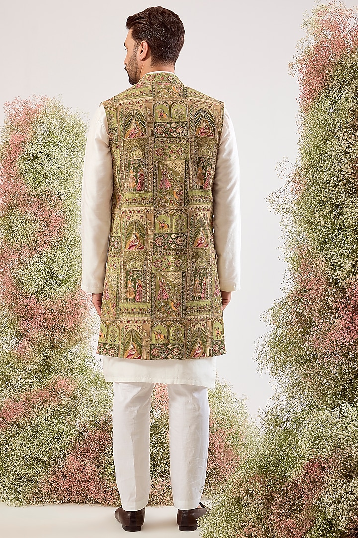 Green Georgette Zari Hand Embroidered Long Jacket by Kasbah Clothing at Pernia's Pop Up Shop