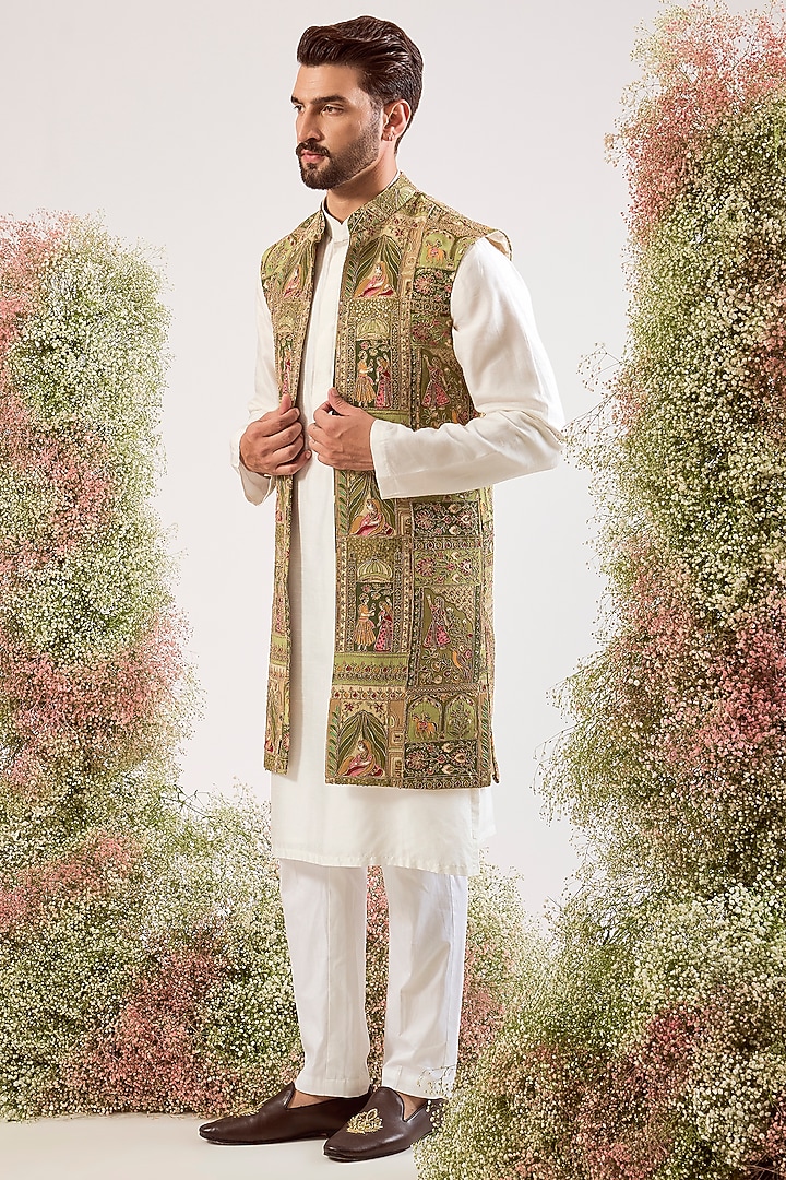Green Georgette Zari Hand Embroidered Long Jacket by Kasbah Clothing at Pernia's Pop Up Shop