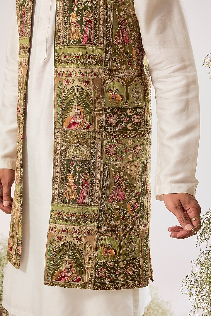 Green Georgette Zari Hand Embroidered Long Jacket by Kasbah Clothing at Pernia's Pop Up Shop