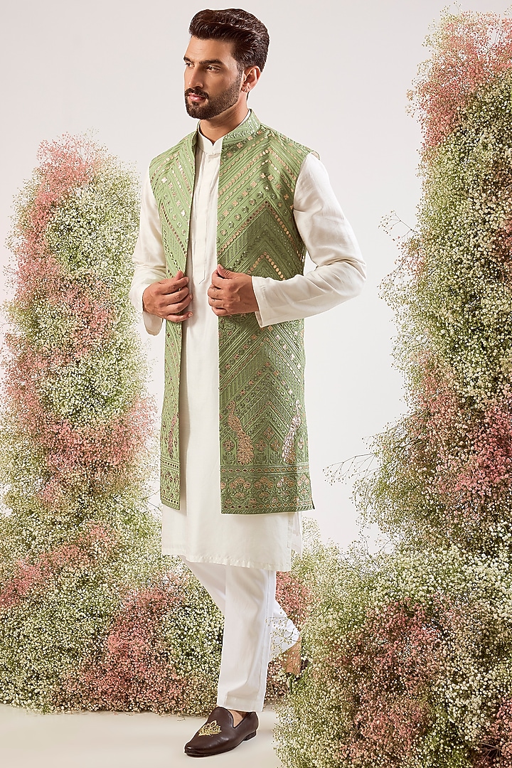 Sage Green Georgette Patch Work Long Jacket by Kasbah Clothing at Pernia's Pop Up Shop