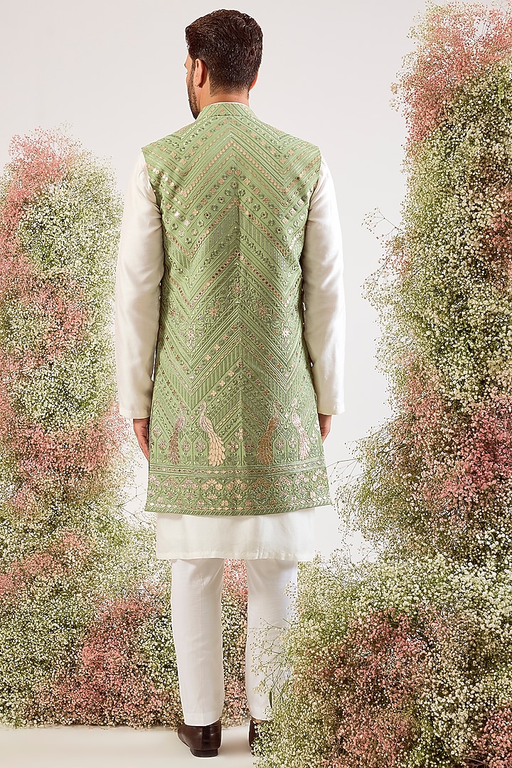 Sage Green Georgette Patch Work Long Jacket by Kasbah Clothing at Pernia's Pop Up Shop