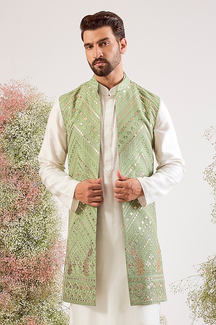Sage Green Georgette Patch Work Long Jacket by Kasbah Clothing at Pernia's Pop Up Shop
