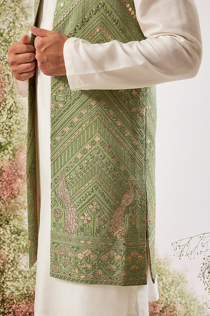 Sage Green Georgette Patch Work Long Jacket by Kasbah Clothing at Pernia's Pop Up Shop