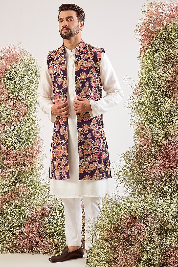 Purple Georgette Floral Embroidered Long Jacket by Kasbah Clothing at Pernia's Pop Up Shop