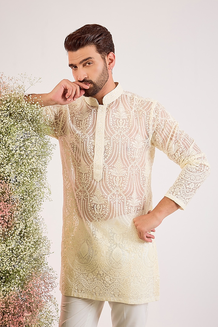 White Organza Chikankari Embroidered Short Kurta by Kasbah Clothing at Pernia's Pop Up Shop
