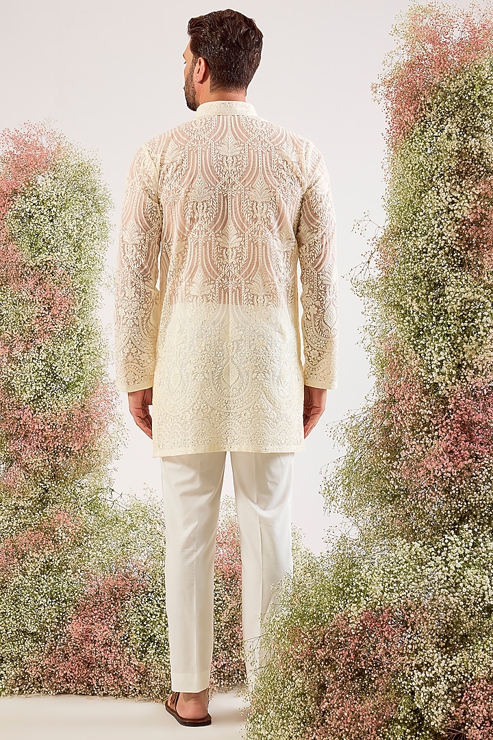 White Organza Chikankari Embroidered Short Kurta by Kasbah Clothing at Pernia's Pop Up Shop