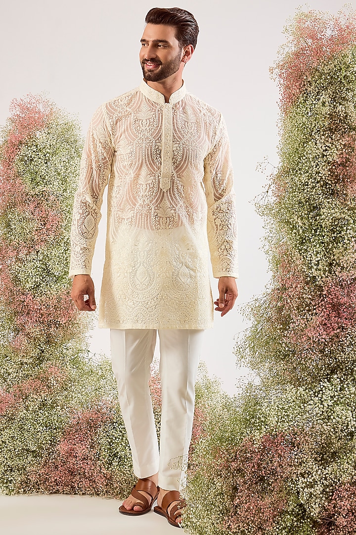 White Organza Chikankari Embroidered Short Kurta by Kasbah Clothing at Pernia's Pop Up Shop