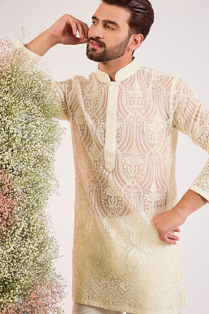 White Organza Chikankari Embroidered Short Kurta by Kasbah Clothing at Pernia's Pop Up Shop