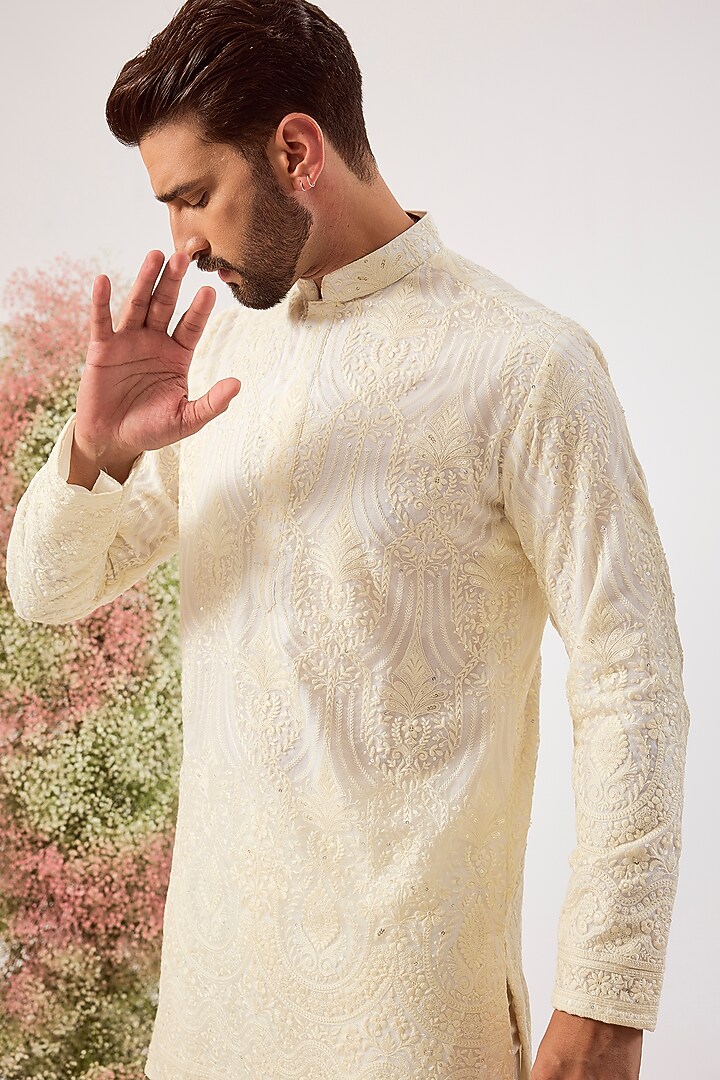 White Organza Chikankari Machine Embroidered Short Kurta by Kasbah Clothing at Pernia's Pop Up Shop