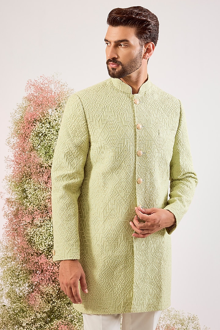 Pastel Green Silk Thread Embroidered Wedding Sherwani by Kasbah Clothing at Pernia's Pop Up Shop