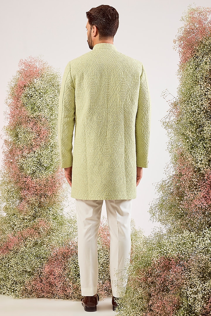 Pastel Green Silk Thread Embroidered Wedding Sherwani by Kasbah Clothing at Pernia's Pop Up Shop