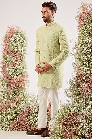 Pastel Green Silk Thread Embroidered Sherwani by Kasbah Clothing