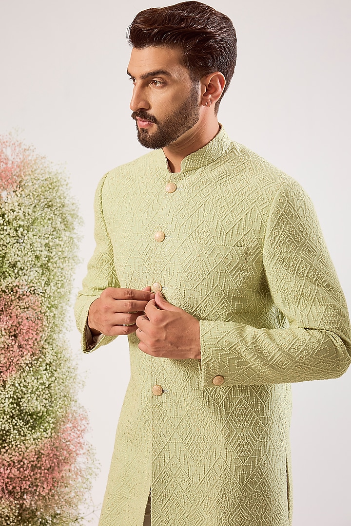 Pastel Green Silk Thread Embroidered Wedding Sherwani by Kasbah Clothing at Pernia's Pop Up Shop