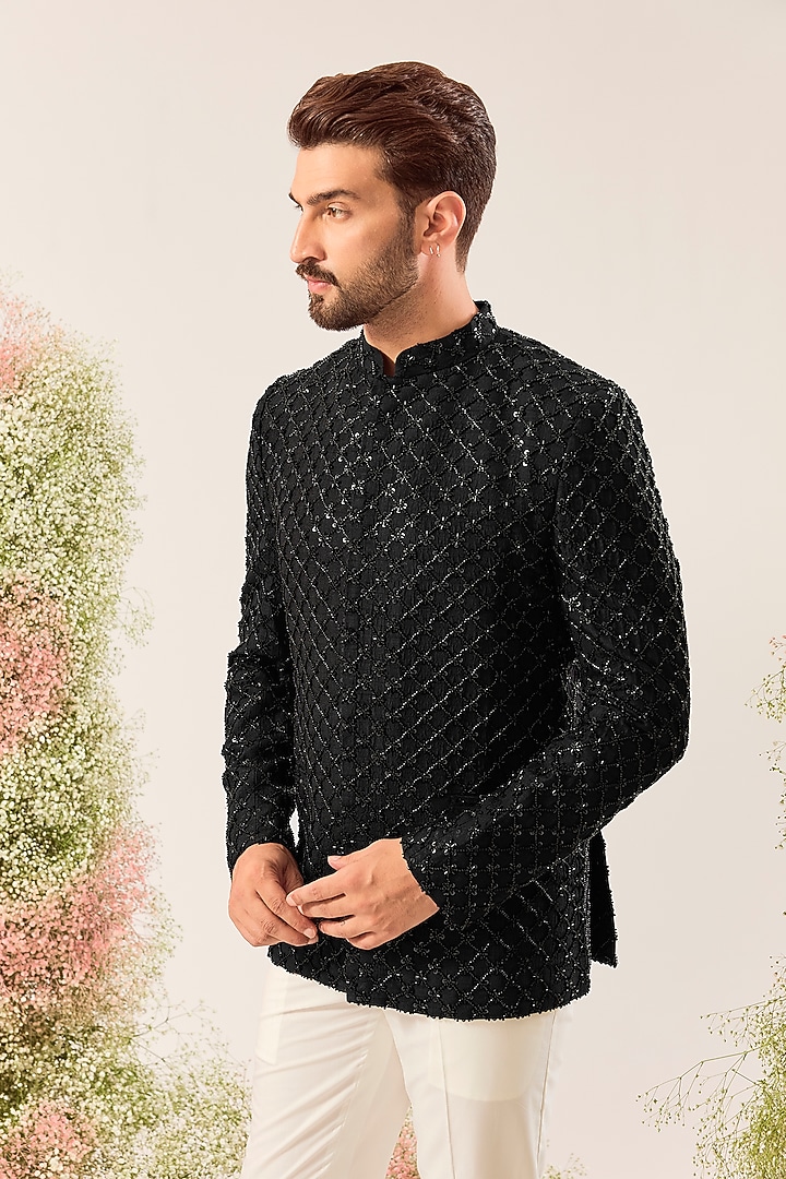 Black Silk Cutdana Hand Embroidered Wedding Bandhgala by Kasbah Clothing at Pernia's Pop Up Shop