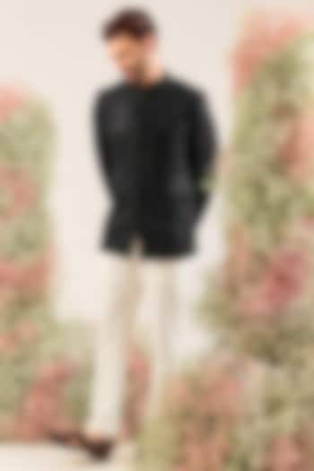 Black Silk Cutdana Hand Embroidered Wedding Bandhgala by Kasbah Clothing at Pernia's Pop Up Shop