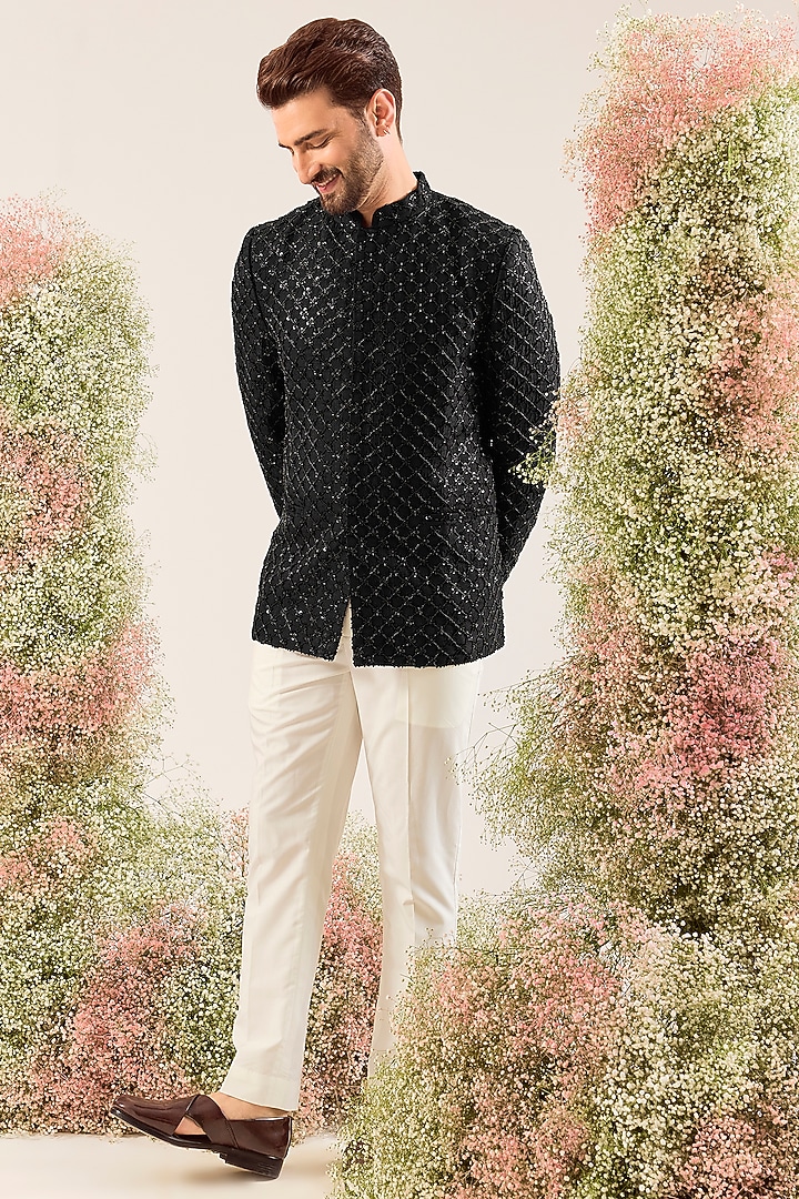 Black Silk Cutdana Hand Embroidered Wedding Bandhgala by Kasbah Clothing at Pernia's Pop Up Shop