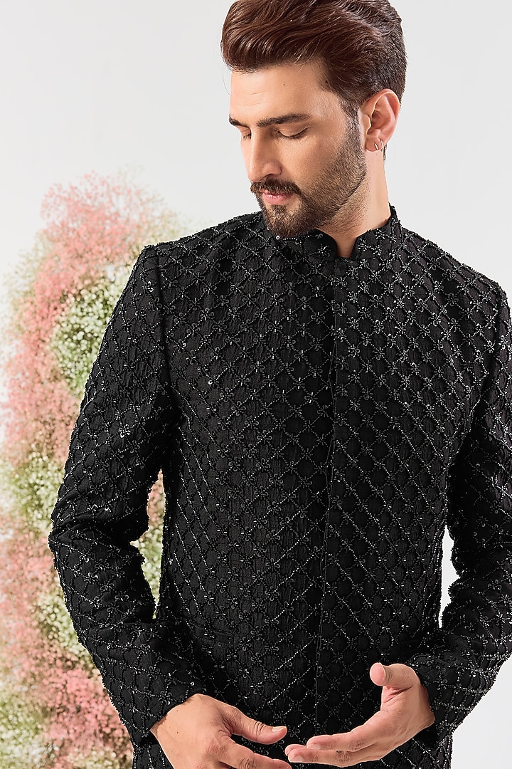 Black Silk Cutdana Hand Embroidered Wedding Bandhgala by Kasbah Clothing at Pernia's Pop Up Shop