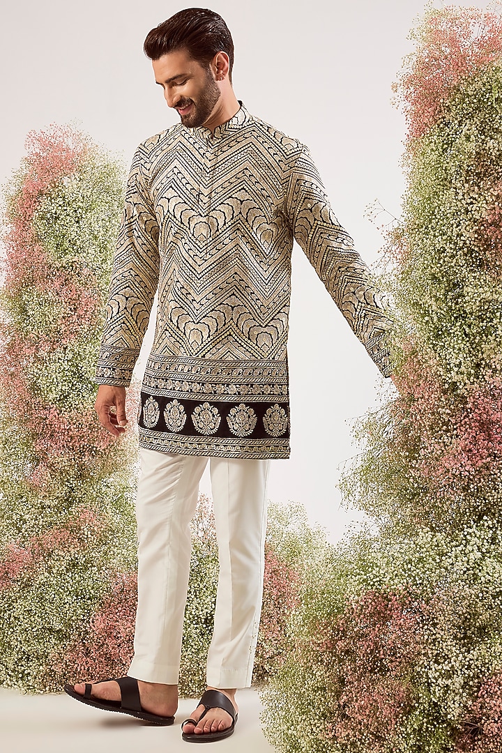 Black Silk Thread Work Short Kurta by Kasbah Clothing at Pernia's Pop Up Shop