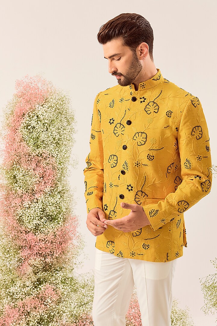 Mustard Silk Cutdana & Floral Embroidered Wedding Bandhgala by Kasbah Clothing at Pernia's Pop Up Shop