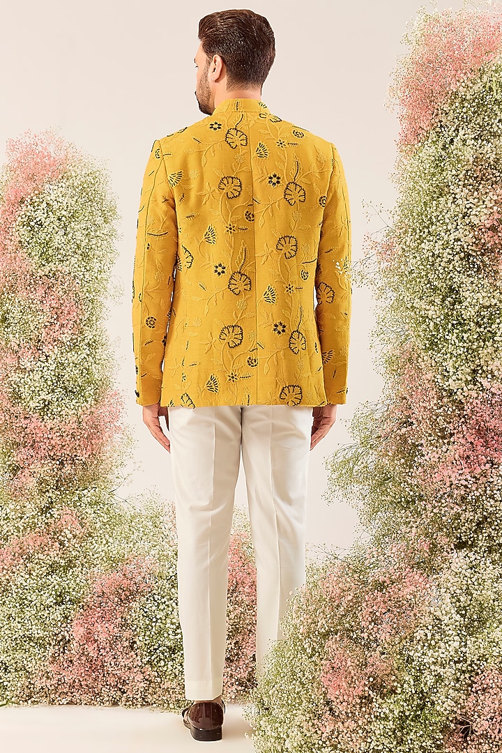 Mustard Silk Cutdana & Floral Embroidered Wedding Bandhgala by Kasbah Clothing at Pernia's Pop Up Shop