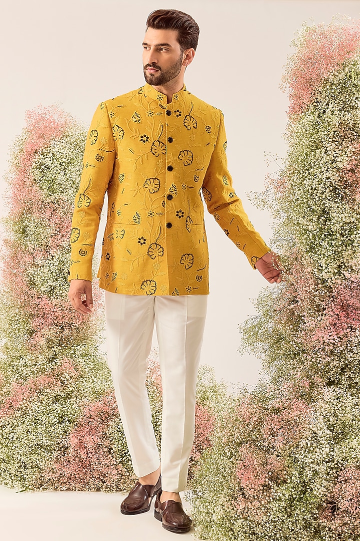 Mustard Silk Cutdana & Floral Embroidered Wedding Bandhgala by Kasbah Clothing at Pernia's Pop Up Shop