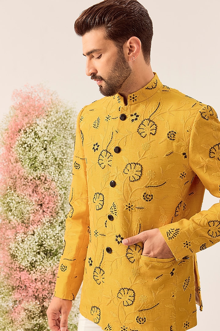 Mustard Silk Cutdana & Floral Embroidered Wedding Bandhgala by Kasbah Clothing at Pernia's Pop Up Shop