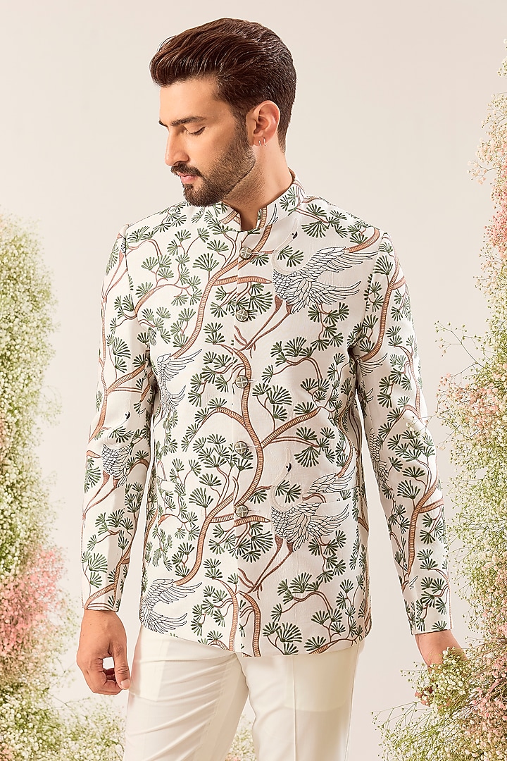 White Silk Embroidered Wedding Bandhgala by Kasbah Clothing at Pernia's Pop Up Shop