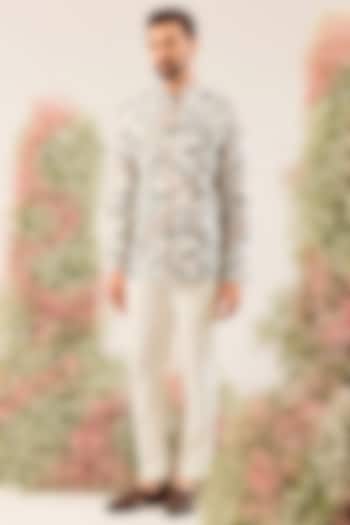 White Silk Embroidered Wedding Bandhgala by Kasbah Clothing at Pernia's Pop Up Shop