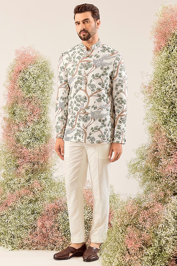 White Silk Embroidered Wedding Bandhgala by Kasbah Clothing at Pernia's Pop Up Shop