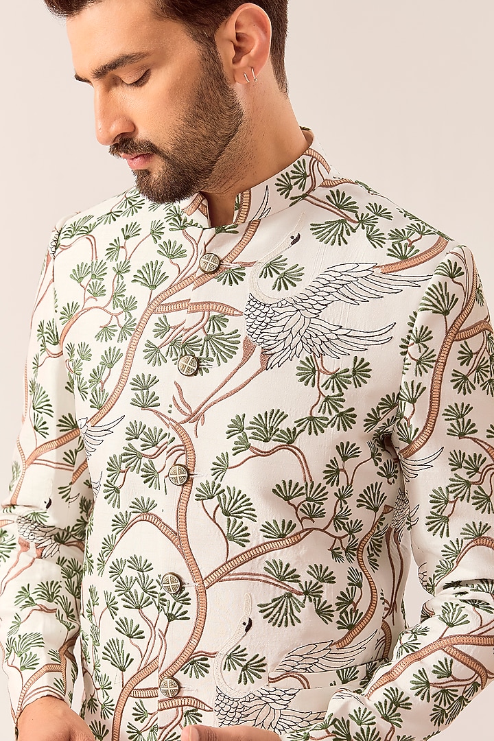 White Silk Embroidered Wedding Bandhgala by Kasbah Clothing at Pernia's Pop Up Shop