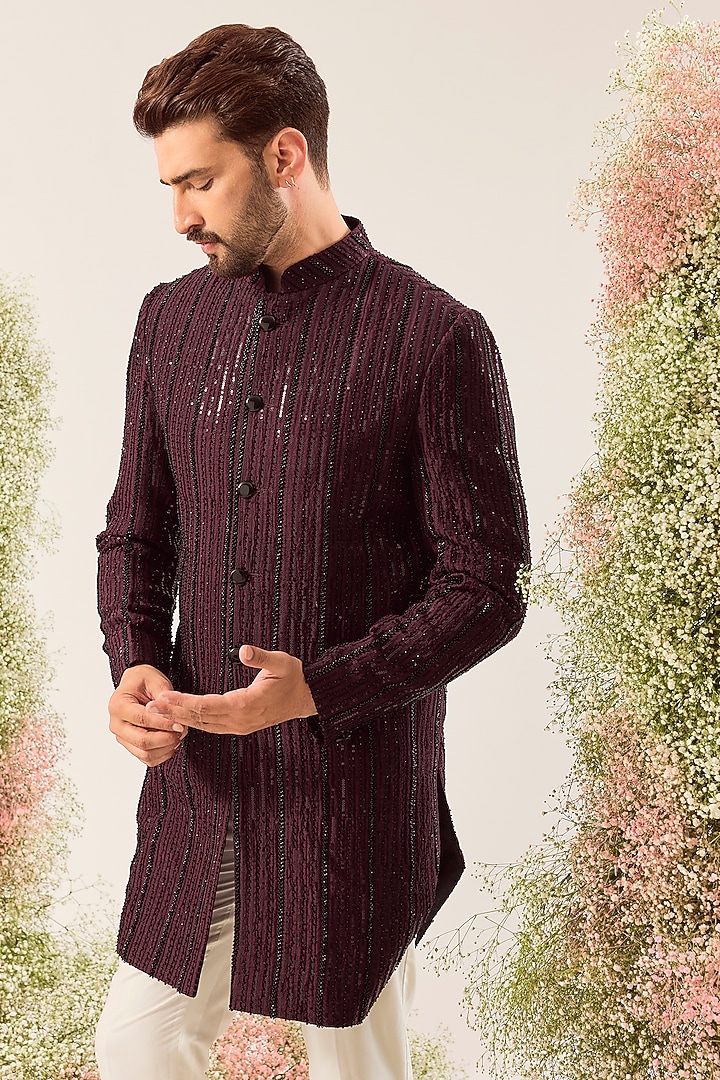 Maroon Silk Cutdana Work Wedding Indowestern by Kasbah Clothing at Pernia's Pop Up Shop