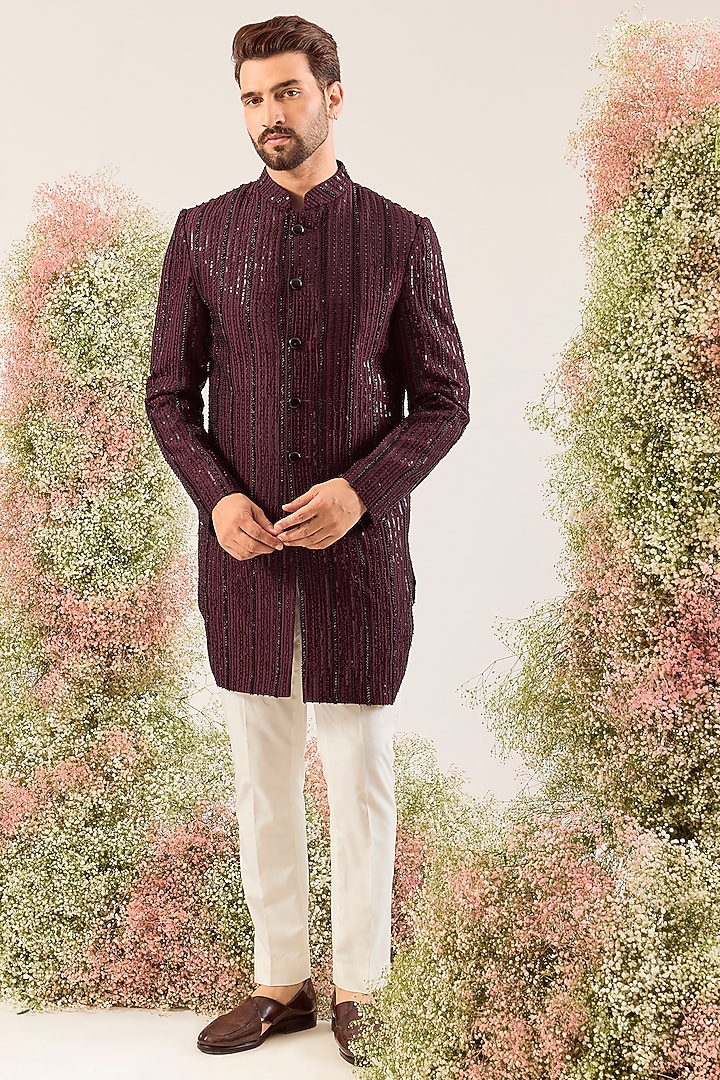 Maroon Silk Cutdana Work Wedding Indowestern by Kasbah Clothing at Pernia's Pop Up Shop