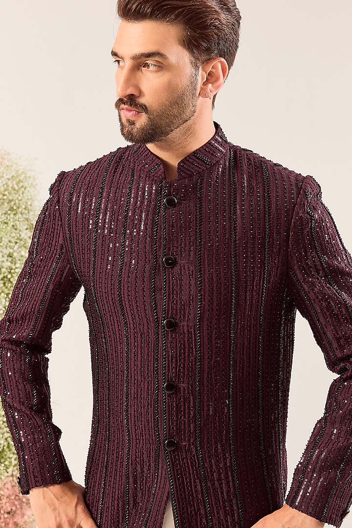 Maroon Silk Cutdana Work Wedding Indowestern by Kasbah Clothing at Pernia's Pop Up Shop