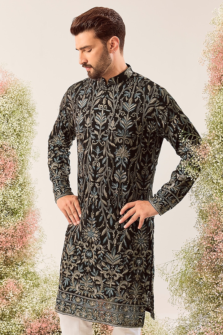 Black Georgette Chikankari Embroidered Kurta by Kasbah Clothing at Pernia's Pop Up Shop